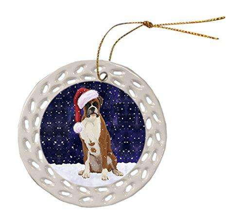Let it Snow Christmas Holiday Boxer Dog Wearing Santa Hat Ceramic Doily Ornament D057