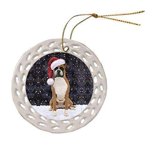 Let it Snow Christmas Holiday Boxer Dog Wearing Santa Hat Ceramic Doily Ornament D058