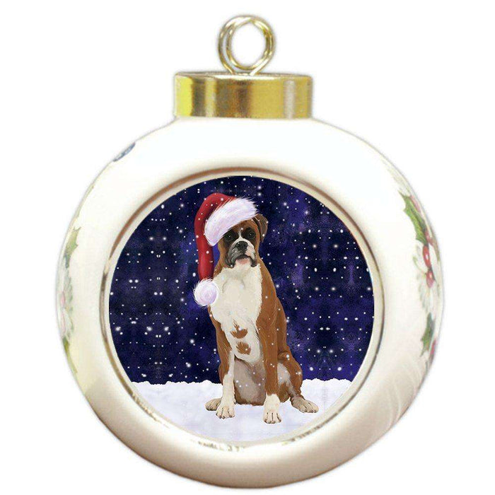 Let it Snow Christmas Holiday Boxer Dog Wearing Santa Hat Round Ball Ornament D265
