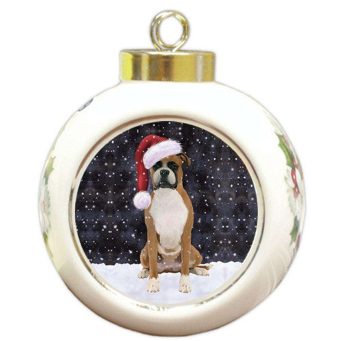 Let it Snow Christmas Holiday Boxer Dog Wearing Santa Hat Round Ball Ornament D266