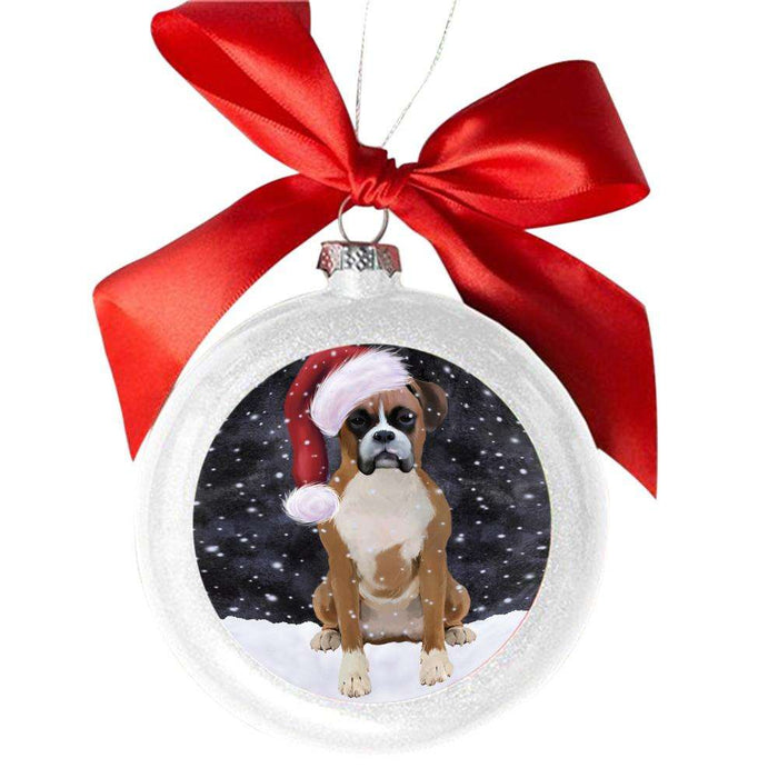 Let it Snow Christmas Holiday Boxer Dog White Round Ball Christmas Ornament WBSOR48486
