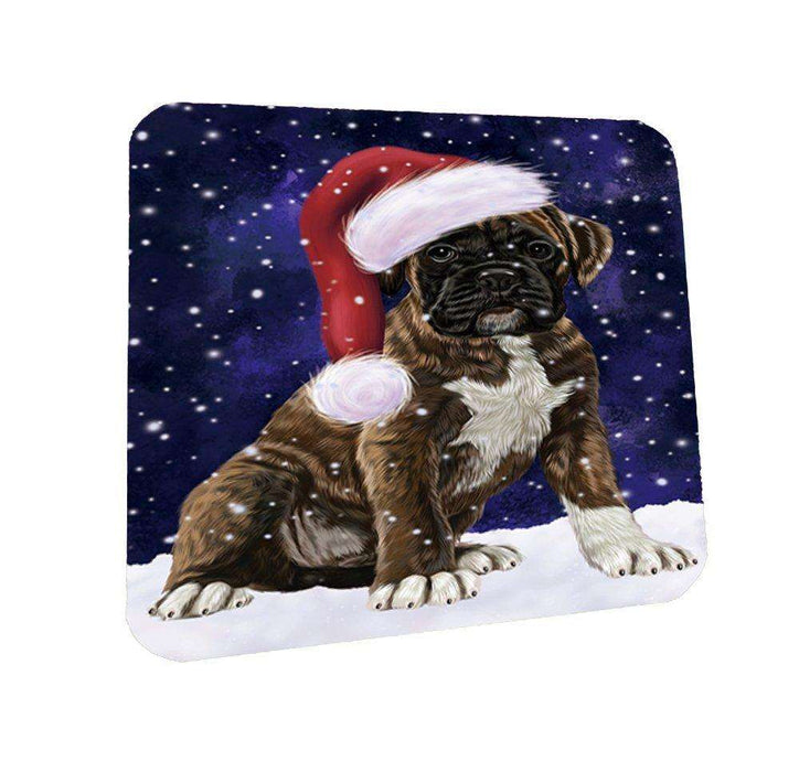 Let it Snow Christmas Holiday Boxers Dog Wearing Santa Hat Coasters Set of 4