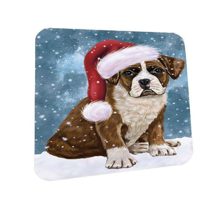 Let it Snow Christmas Holiday Boxers Dog Wearing Santa Hat Coasters Set of 4