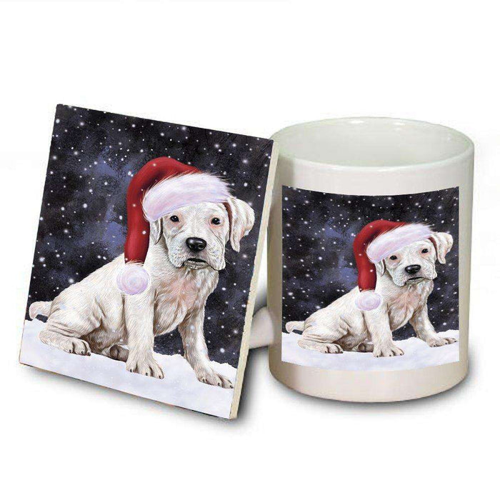 Let it Snow Christmas Holiday Boxers Dog Wearing Santa Hat Mug and Coaster Set