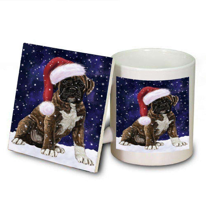 Let it Snow Christmas Holiday Boxers Dog Wearing Santa Hat Mug and Coaster Set