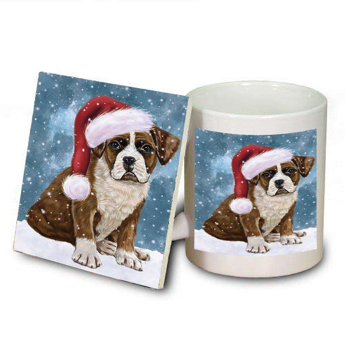 Let it Snow Christmas Holiday Boxers Dog Wearing Santa Hat Mug and Coaster Set