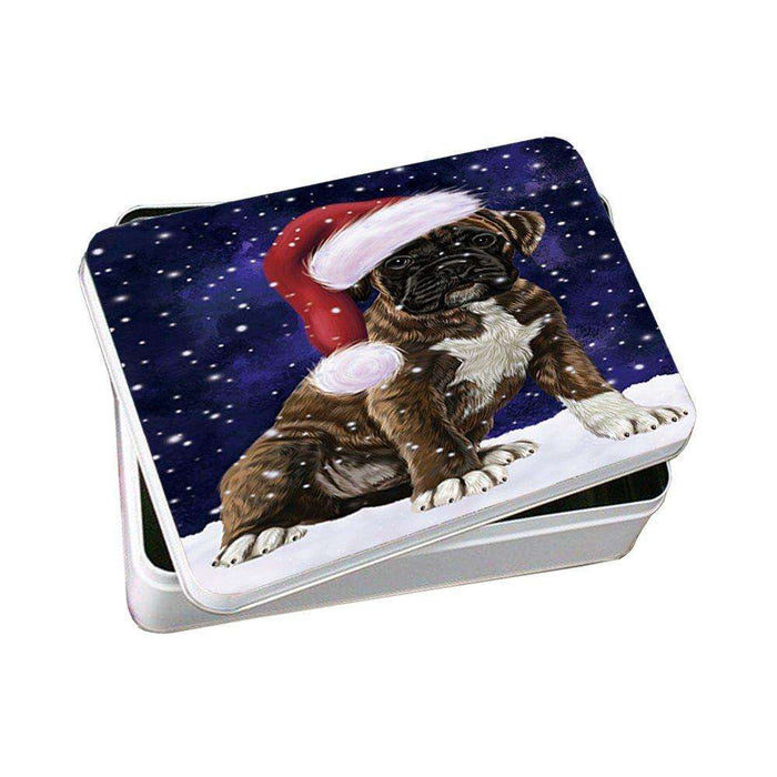 Let it Snow Christmas Holiday Boxers Dog Wearing Santa Hat Photo Storage Tin