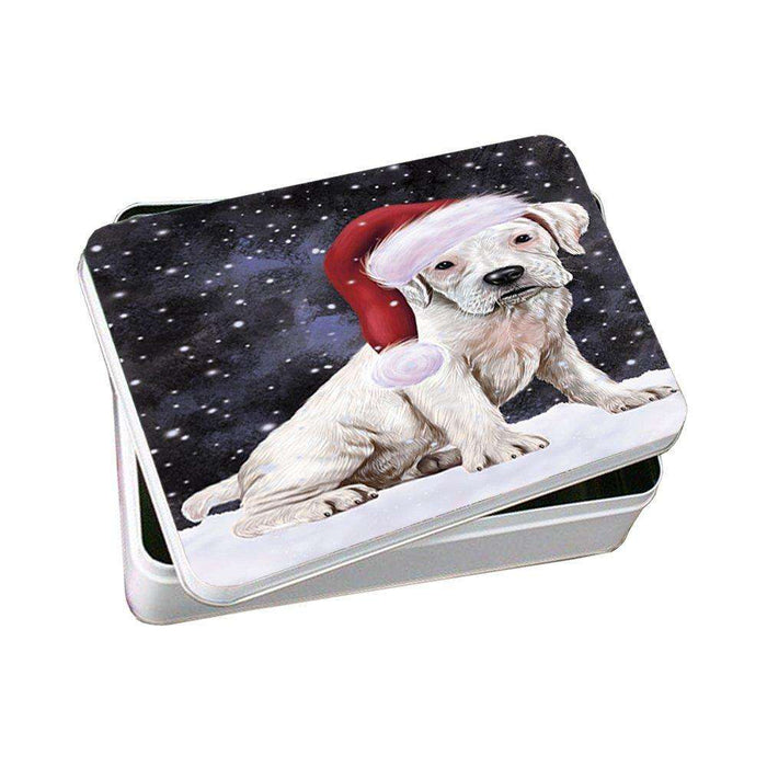Let it Snow Christmas Holiday Boxers Dog Wearing Santa Hat Photo Storage Tin