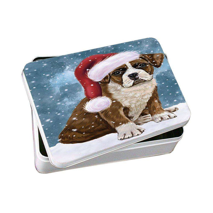 Let it Snow Christmas Holiday Boxers Dog Wearing Santa Hat Photo Storage Tin