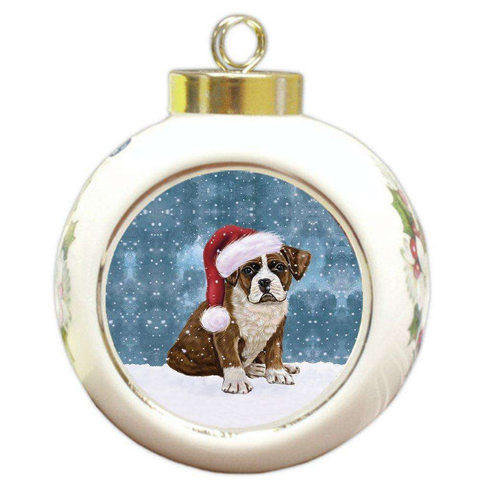 Let it Snow Christmas Holiday Boxers Dog Wearing Santa Hat Round Ball Ornament