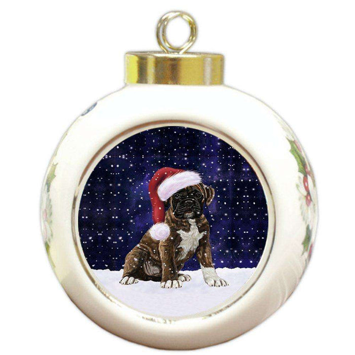 Let it Snow Christmas Holiday Boxers Dog Wearing Santa Hat Round Ball Ornament