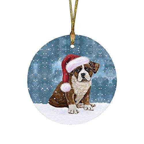 Let it Snow Christmas Holiday Boxers Dog Wearing Santa Hat Round Ornament