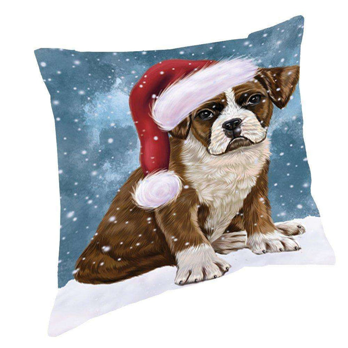 Let it Snow Christmas Holiday Boxers Dog Wearing Santa Hat Throw Pillow