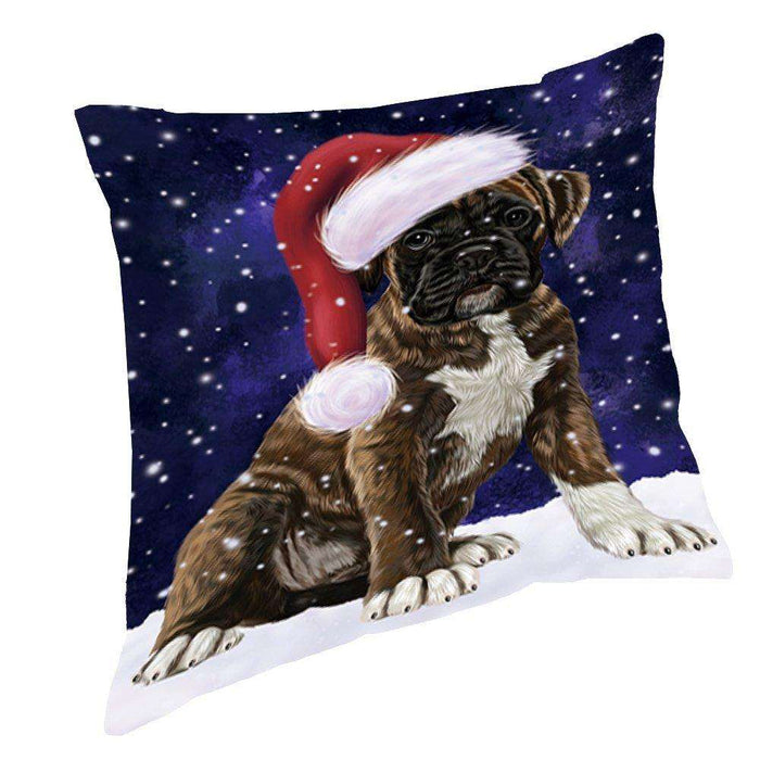 Let it Snow Christmas Holiday Boxers Dog Wearing Santa Hat Throw Pillow