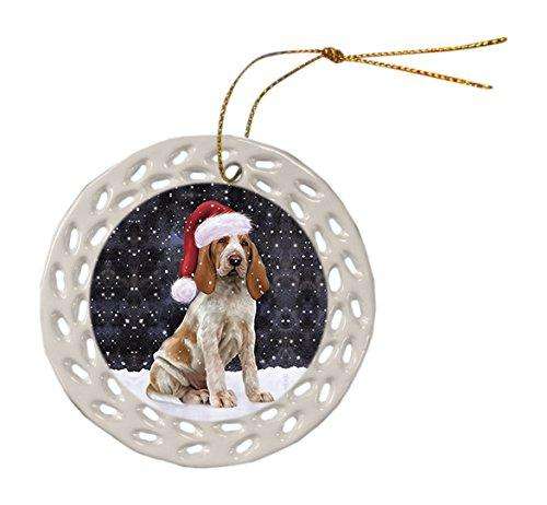Let it Snow Christmas Holiday Bracco Italiano Dog Wearing Santa Hat Ceramic Doily Ornament D059