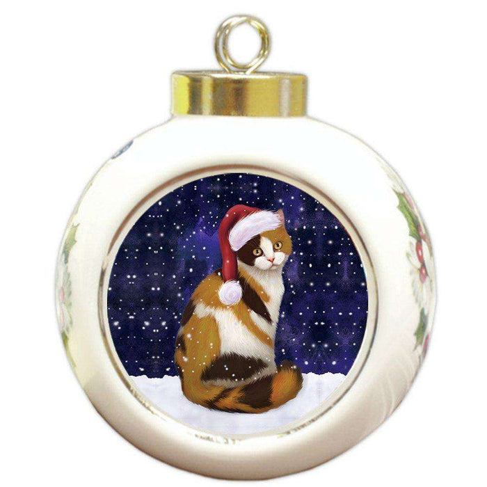 Let it Snow Christmas Holiday British Shorthair Cat Wearing Santa Hat Round Ball Ornament D268