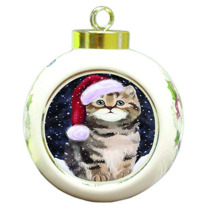 Let it Snow Christmas Holiday British Shorthair Cat Wearing Santa Hat Round Ball Ornament D329