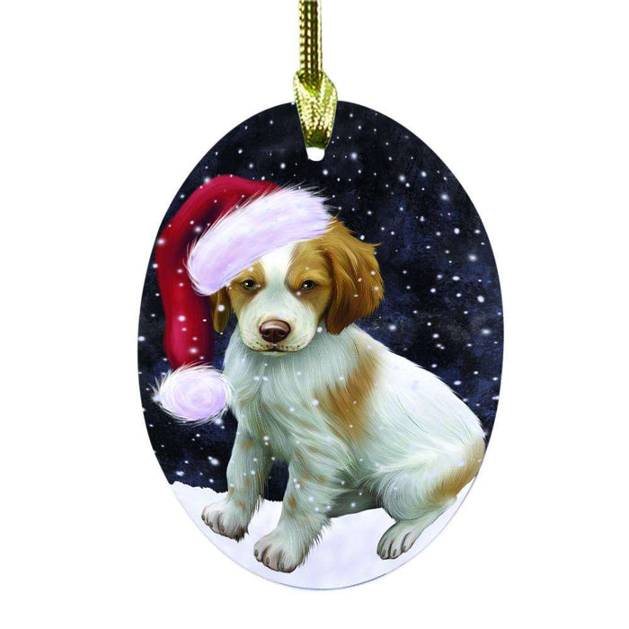 Let it Snow Christmas Holiday Brittany Spaniel Dog Oval Glass Christmas Ornament OGOR48497