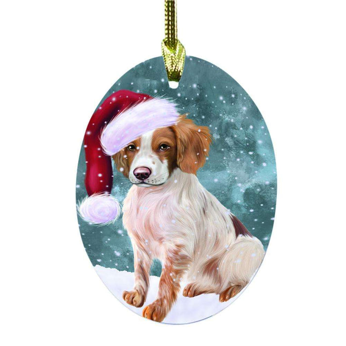 Let it Snow Christmas Holiday Brittany Spaniel Dog Oval Glass Christmas Ornament OGOR48499