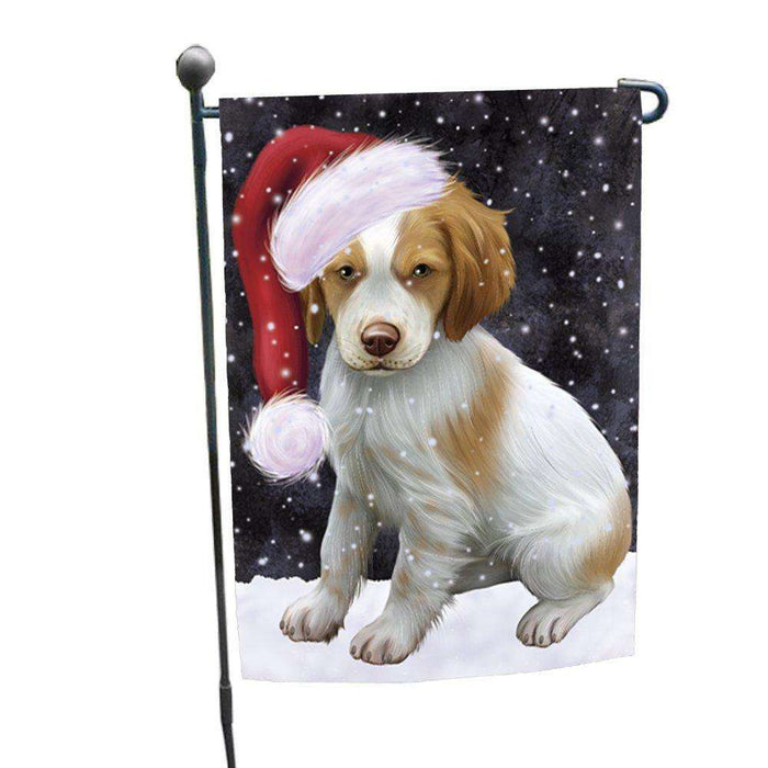 Let it Snow Christmas Holiday Brittany Spaniel Dog Wearing Santa Hat Garden Flag FLG104