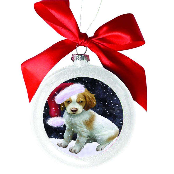 Let it Snow Christmas Holiday Brittany Spaniel Dog White Round Ball Christmas Ornament WBSOR48497