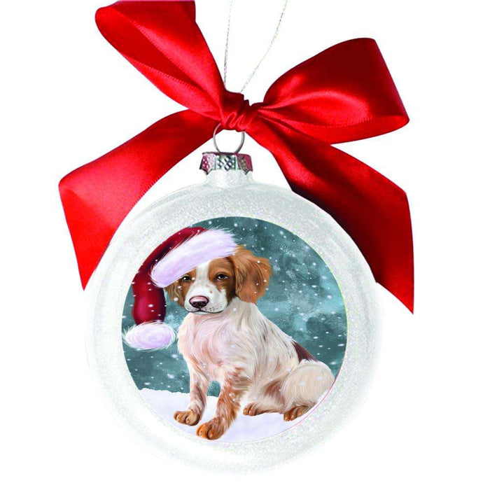 Let it Snow Christmas Holiday Brittany Spaniel Dog White Round Ball Christmas Ornament WBSOR48499