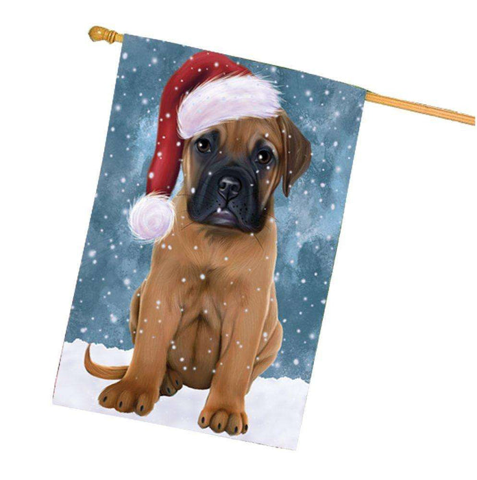 Let it Snow Christmas Holiday Bull Mastiff Dog Wearing Santa Hat House Flag