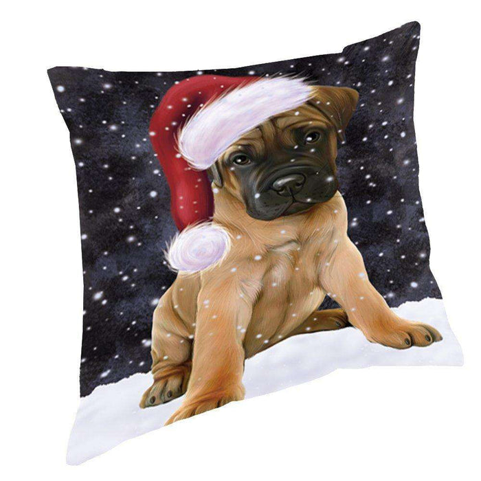 Let it Snow Christmas Holiday Bull Mastiff Dog Wearing Santa Hat Throw Pillow