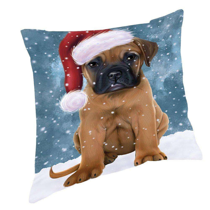 Let it Snow Christmas Holiday Bull Mastiff Dog Wearing Santa Hat Throw Pillow