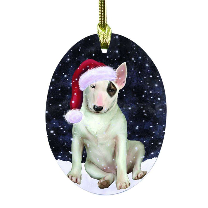 Let it Snow Christmas Holiday Bull Terrier Dog Oval Glass Christmas Ornament OGOR48500