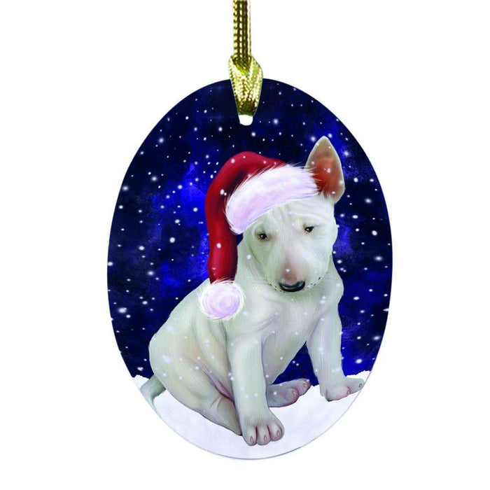 Let it Snow Christmas Holiday Bull Terrier Dog Oval Glass Christmas Ornament OGOR48501