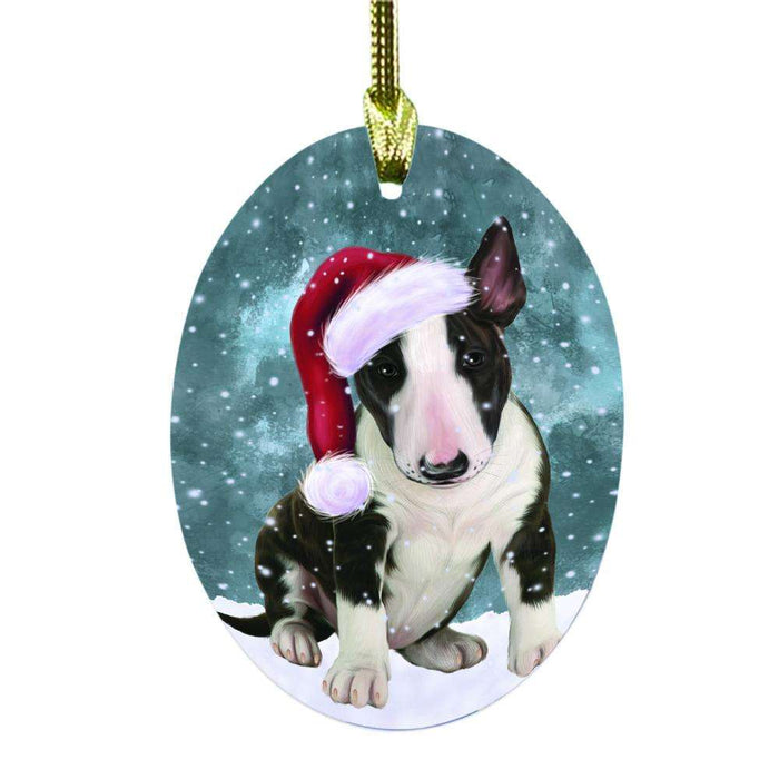 Let it Snow Christmas Holiday Bull Terrier Dog Oval Glass Christmas Ornament OGOR48503