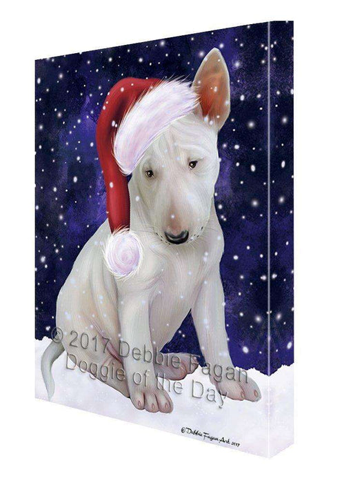 Let it Snow Christmas Holiday Bull Terrier Dog Wearing Santa Hat Canvas Wall Art