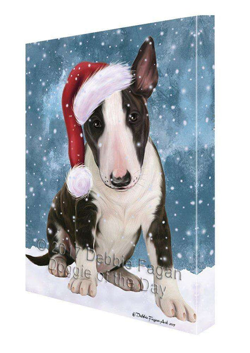 Let it Snow Christmas Holiday Bull Terrier Dog Wearing Santa Hat Canvas Wall Art