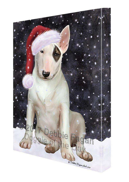 Let it Snow Christmas Holiday Bull Terrier Dog Wearing Santa Hat Canvas Wall Art