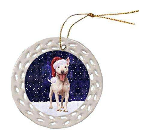 Let it Snow Christmas Holiday Bull Terrier Dog Wearing Santa Hat Ceramic Doily Ornament D061