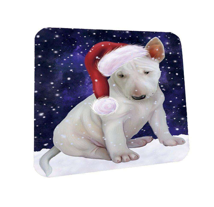 Let it Snow Christmas Holiday Bull Terrier Dog Wearing Santa Hat Coasters Set of 4