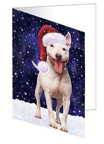 Let it Snow Christmas Holiday Bull Terrier Dog Wearing Santa Hat Handmade Artwork Assorted Pets Greeting Cards and Note Cards with Envelopes for All Occasions and Holiday Seasons D375