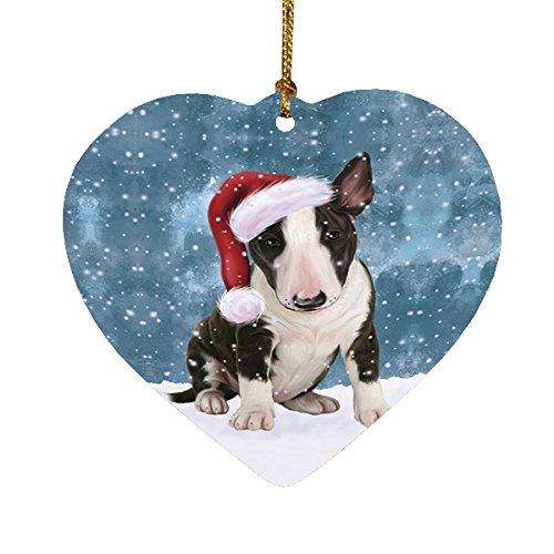 Let it Snow Christmas Holiday Bull Terrier Dog Wearing Santa Hat Heart Ornament