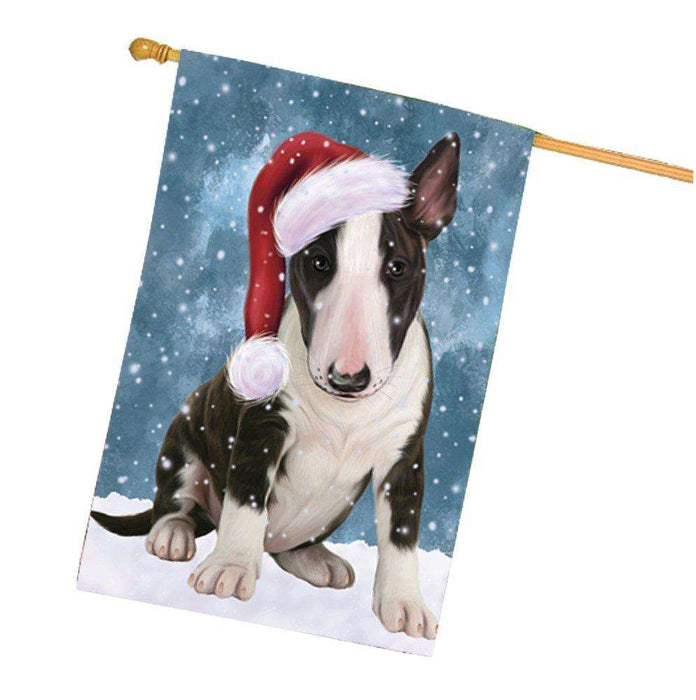 Let it Snow Christmas Holiday Bull Terrier Dog Wearing Santa Hat House Flag