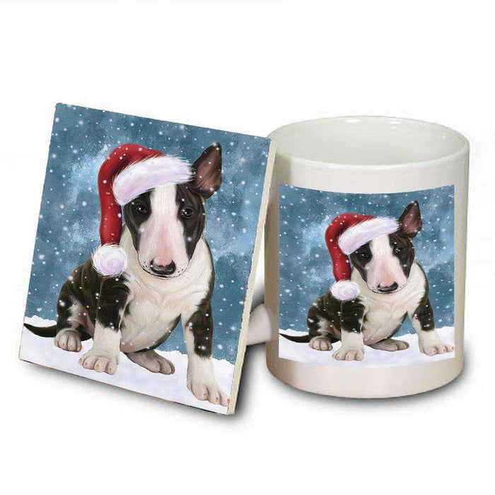 Let it Snow Christmas Holiday Bull Terrier Dog Wearing Santa Hat Mug and Coaster Set