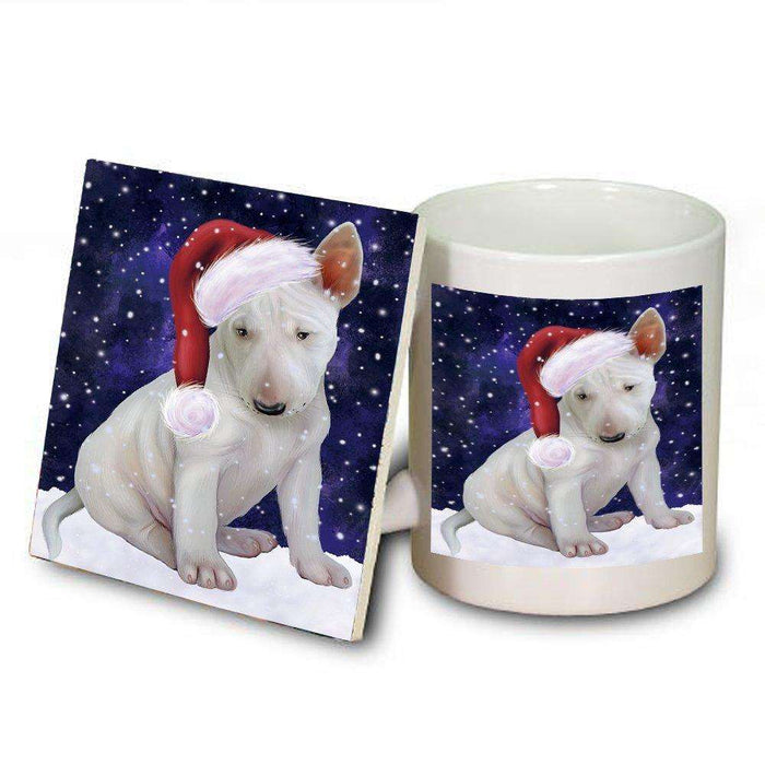 Let it Snow Christmas Holiday Bull Terrier Dog Wearing Santa Hat Mug and Coaster Set