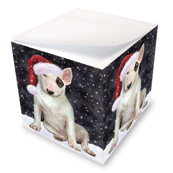 Let it Snow Christmas Holiday Bull Terrier Dog Wearing Santa Hat Note Cube D278