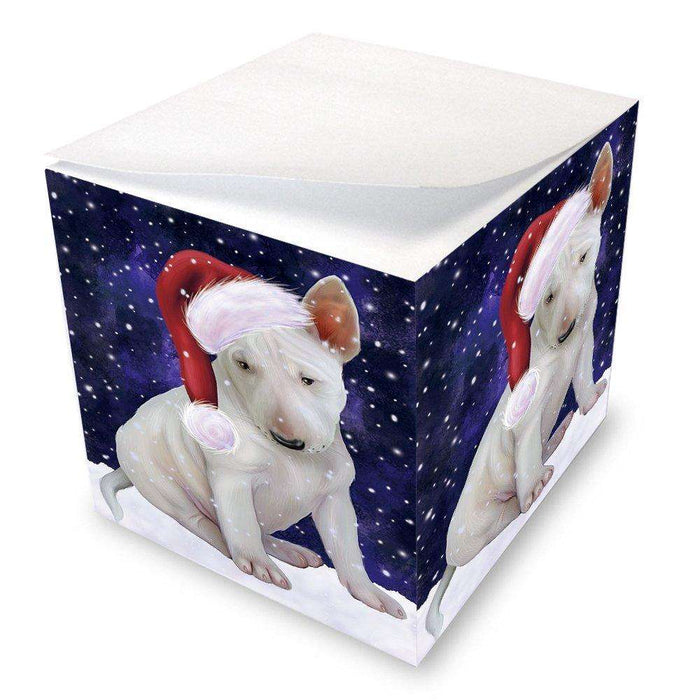 Let it Snow Christmas Holiday Bull Terrier Dog Wearing Santa Hat Note Cube D279