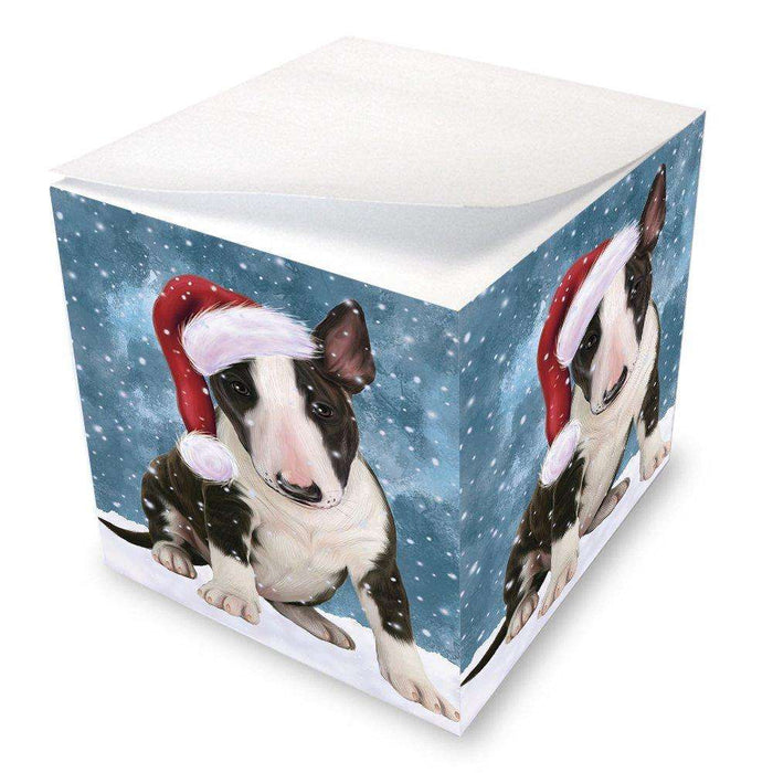 Let it Snow Christmas Holiday Bull Terrier Dog Wearing Santa Hat Note Cube D280