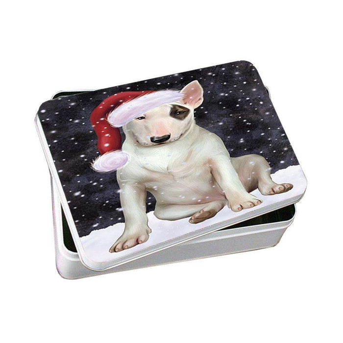 Let it Snow Christmas Holiday Bull Terrier Dog Wearing Santa Hat Photo Storage Tin