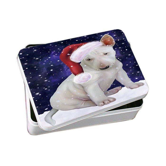 Let it Snow Christmas Holiday Bull Terrier Dog Wearing Santa Hat Photo Storage Tin