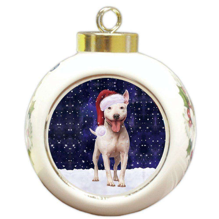 Let it Snow Christmas Holiday Bull Terrier Dog Wearing Santa Hat Round Ball Ornament D269