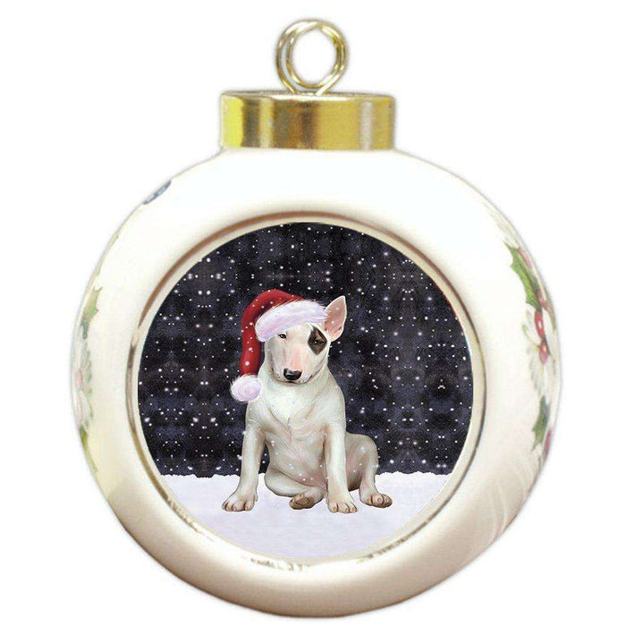 Let it Snow Christmas Holiday Bull Terrier Dog Wearing Santa Hat Round Ball Ornament