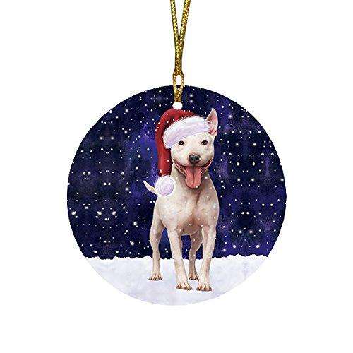 Let it Snow Christmas Holiday Bull Terrier Dog Wearing Santa Hat Round Ornament D269